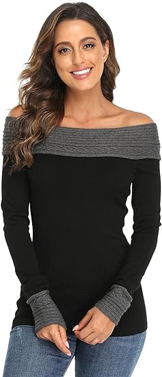 Dilgul Women's Off Shoulder Long Sleeve Pullover Sweater Boat Neck Color Block Sweaters Fitting Knit Jumper Tops