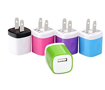 Wall Charger, 5-Pack 1A/5V Two-Tone Universal USB Ac Wall Travel Power Charger Adapter for iPhone 7/7 plus 6/6 plus 5S 5 4S Samsung S5 S4 S3, Note 5, HTC, LG and More Device (5 Random Colors)