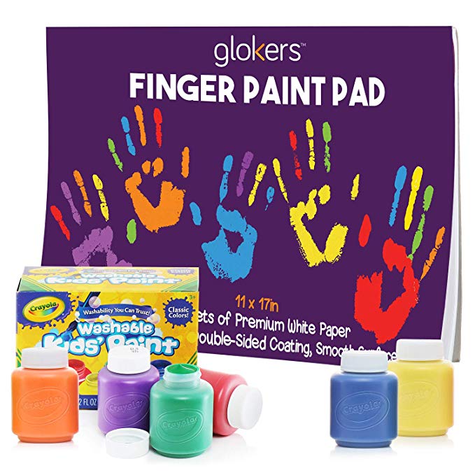 glokers Finger Paint Paper Pad Bundle with 6 Non-Toxic Crayola Washable Paints for Toddlers | Stamp Art Paper for Kids | Toddler Craft Painting Supplies | 50 Sheets of 11 x 17 Inches