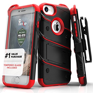 Zizo Bolt Military Grade Armor Kickstand Holster Belt Clip Case with Tempered Glass Screen Protector for Apple iPhone 7 Case - Black/Red