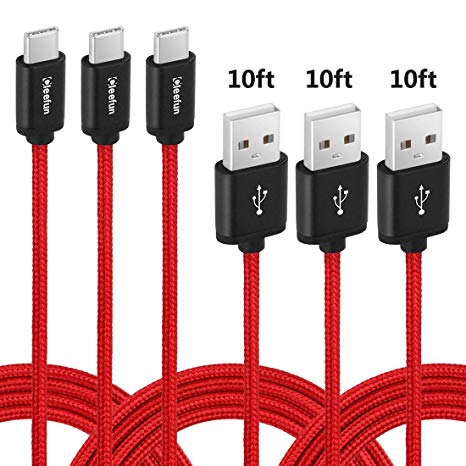 USB Type C Cable, [3-Pack, 3M/10ft] Cleefun Nylon Braided USB C Quick Charger Fast Charging Cord For Samsung Galaxy s9/s9 /s9 plus/note 9/s8/s8 /s8 plus/note 8, LG V35 V30 G5 G6, Moto G6 G6  [Red]