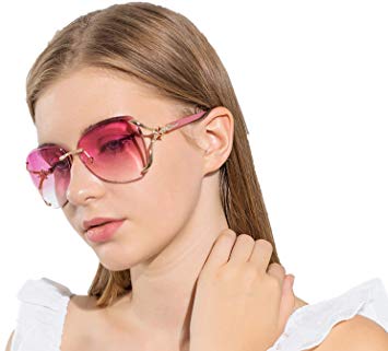 VOLCHIEN Women Shades Rimless Sunglasses Bling Frame Round Lens Sunglass Metal Frame Sunglasses for Women Men VC1012