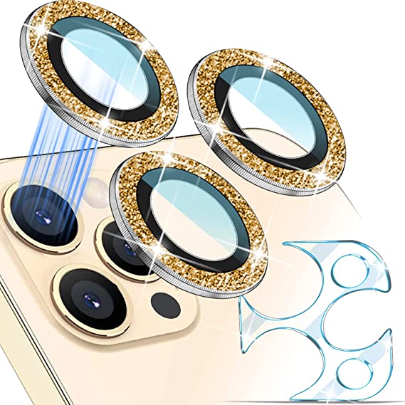 GAHOGA Bling Camera Lens Protector Compatible for iPhone 12 Pro(6.1") HD Anti-Scratch/Fingerprint Case Friendly Full Cover Tempered Glass Screen Protector Giltter Ring - Gold Diamond
