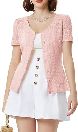 Belle Poque Women's Bolero Shrug Summer Lightweight Short Sleeve Cropped Cardigan Sweater Crochet Knit Button Down Tops