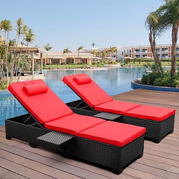 Outdoor PE Wicker Chaise Lounge - 2 Piece Patio Black Rattan Reclining Chair Furniture Set Beach Pool Adjustable Backrest Recliners with Red Cushions