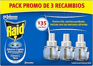 Raid ® Eléctrico Líquido 135 Noches - Recambios Anti Mosquitos comunes y Tigre - 3 recambios de 45 Noches