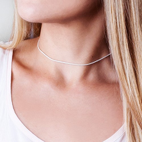 Sterling Silver Thin Choker Chain Necklace - Designer Handmade Roped Short Collar 13.5 inch   3 inch