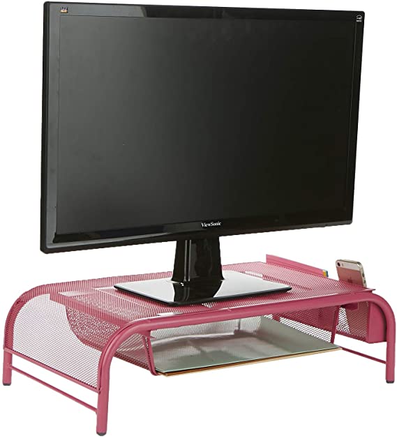 Mind Reader MESHMONSTA-PNK Metal Mesh Desk Drawer, Desktop Monitor Stand Organizer, Pink