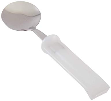 Sammons Preston Plastic-Handle Utensil, 7.5" Long Soup Spoon with 4" Handle Molded to Improve Grasping & Holding, Stainless Steel Pediatric & Adult Silverware, Adaptive Eating Tool & Dining Aid