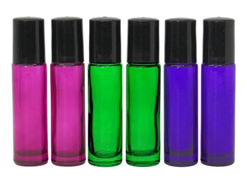 Roll-on Glass Bottles,6 PC 10ml (1/3oz) and 1ml Dropper Included, Empty Aromatherapy Essential Oils, Perfume Bottles, Refillable Bottles Slim with Metal Ball and Black Plastic Lid (Colors Mixed)