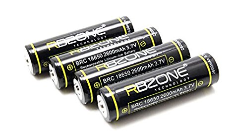 RBZONE 4-Pack Full Capacity 18650 Li-ion Battery Durable Rechargeable 2600mAh 3.7V Lithium Ion Battery in Plastic Holder Case. Applicable for LED Torch Flashlights and Headlamps (Pack of 4)