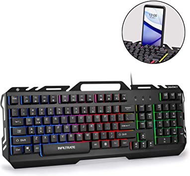 ENHANCE Infiltrate KL2 Membrane Gaming Keyboard - Quiet Keyboard with 3 Multi Color LED Lighting Modes, Turbo Input Mode, Anti-Ghosting, 19 Key Roll Over, Slim Low Profile Metal Design