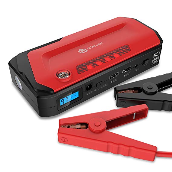 iClever 600A Peak 18000mAh Portable Jump Starter (up to 6.5L gas or 4.0L diesel Engine) Auto Battery Booster, Power Bank and Phone Charger with Dual USB Ports, Car Charger and AC Adapter (Red)