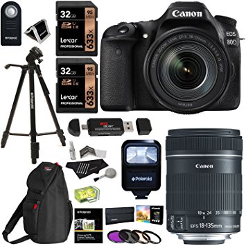 Canon EOS 80D Digital SLR Camera Kit, EF-S 18-135mm f/3.5-5.6 Image Stabilization USM Lens, X2 32GB Memory Cards, Flash, Filters and Accessory Bundle