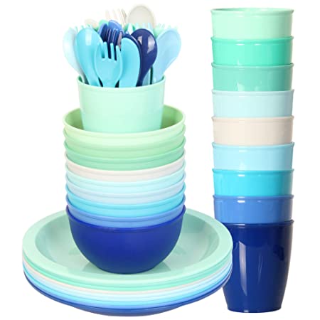 Youngever 54 pcs Plastic Kids Dinnerware Set of 9 in 9 Coastal Colors, Toddler Dining Set, Cups, Kids Plates, Kids Bowls, Flatware Set, Kids Dishes Set