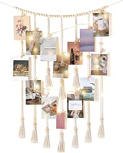 Mkono Macrame Hanging Photo Display Wall Decor with String Lights Boho Room Bedroom Wooden Beads Garland Picture Holder with 30 Clips