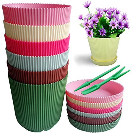 QUIET4.6'' High Quality 6 Candy Colors Fashion Stripes Plastic Flower Pots Planters With Saucers & Free Planting Tools