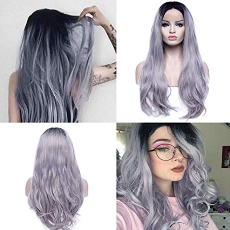Medium Grey Lace Front Wigs Two Tones Ombre Dark Root Wavy Hair Glueless Anime Wigs 26 Inch Heat Resistant Fiber