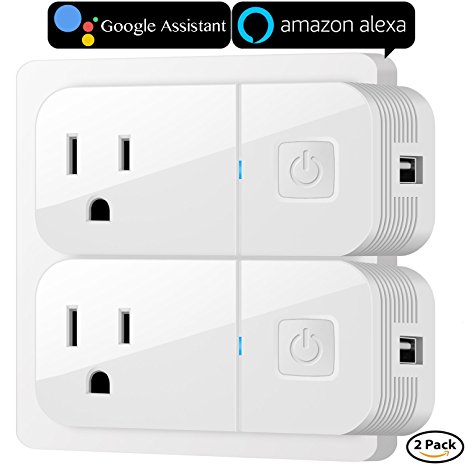 Smart Plug, VIMVIP [2 Pack] Wireless Mini Smart Plugs Outlet USB Charging Wifi Socket Works with Amazon Alexa, Google Home to Remote Control, Button Switch and More by IOS/Android Devices (White)