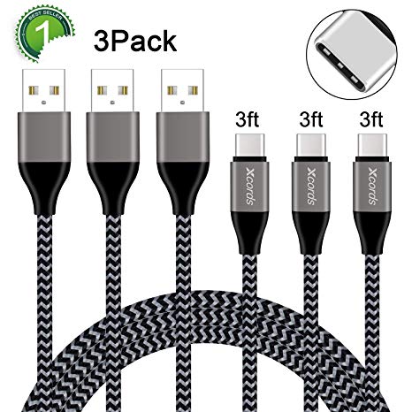 USB Type C Cable, Xcords USB C Cable 3Pack 3FT USB C to USB 2.0 Nylon Braided S9 Charger Cable for Galaxy S10, S9, S9 Plus,S8, S8 Plus, LG G5 G6 V30, HTC 10, Nexus 5X/6P, Google Pixel XL