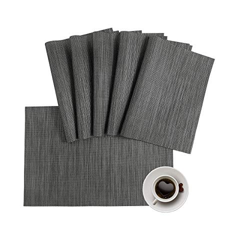 HQSILK Placemats, PVC Table Mats,Placemat Sets of 6 Non-Slip Washable Coffee Mats,Heat Resistant Kitchen Tablemats … (Black Gray)
