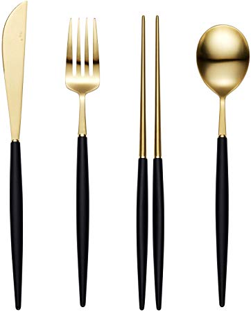 Bogen Eiffel 4-Piece 18/10 Stainless Steel Flatware Silverware Dinnerware Set Cutlery Tableware Include Knife Fork Spoon and Chopsticks (Gold and Black Polycarbonate Matte)