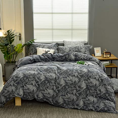 Softta Vintage Grey Bedding Set King 3Pcs Duvet Cover Set Farmhouse Jacquard Tropical Plam Leaves Western Zipper Closure 100% Washed Cotton 800 Thread Count Gray and White College Bedding