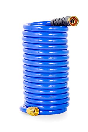 Camco 20’ Coiled Water Rust Resistant Brass Fittings, Hose Design Prevents Kinking and Tangling, for Car Washing and Gardening (41983)