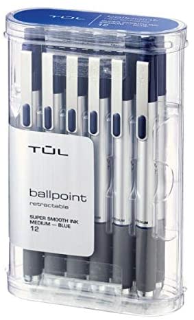 TUL BP3 Ballpoint, Retractable, Medium Point, 1.0 mm, Silver Barrel, Blue Ink, Pack of 12