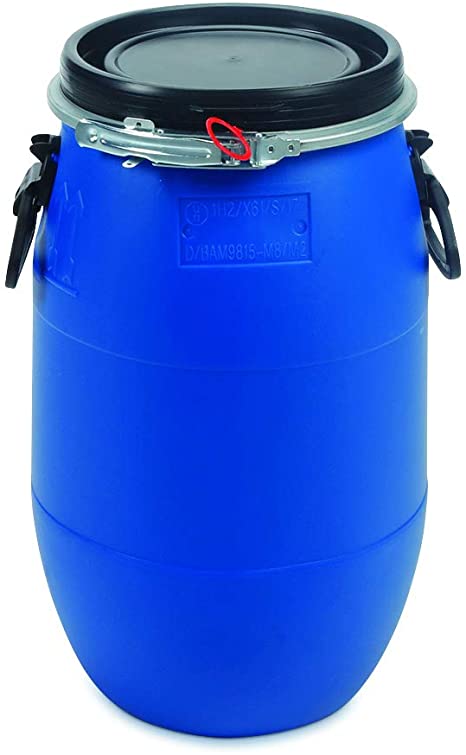 Oipps 30 Litre Plastic Blue Open Top Barrel with Lid & Ring, UN Approved, Food Grade