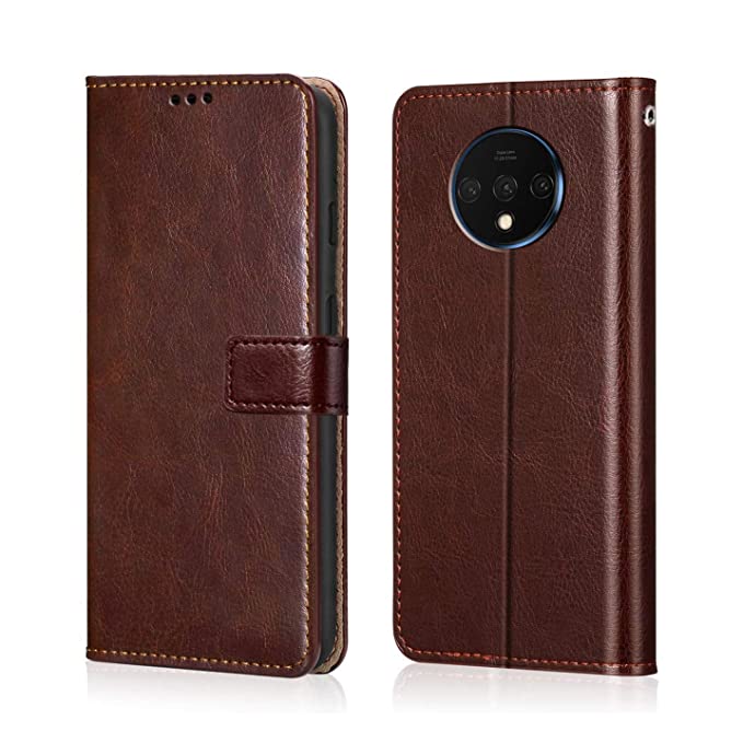 WOW Imagine OnePlus 7T Flip Case | Leather Finish | Inside TPU with Card Pockets & Stand | Magnetic Closure | Shock Proof Wallet Flip Cover for OnePlus 7T 1 7T - Chesnut Brown