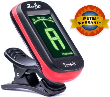 AxeRig LIFETIME WARRANTY Clip-On Chromatic Guitar Tuner for Acoustic, Bass, 6 & 12 string Guitars, Banjo, Mandolin, Ukulele, Violin, Cello, Trumpet, Brass, Sax, Flute, Woodwinds - SPARE BATTERY