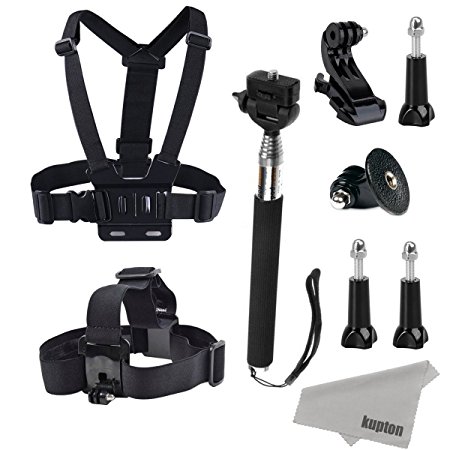 KUPTON 9 in 1 GoPro Accessories kit Set include Elastic Adjustable Head Strap   Adjustable Chest Strap with J-hook Mount  Extendable handheld monopod With Tripod adapter    3 pcs Thumbscrew  KUPTON Superfine Fiber Cloth for Gopro HD Hero 1 2 3 3
