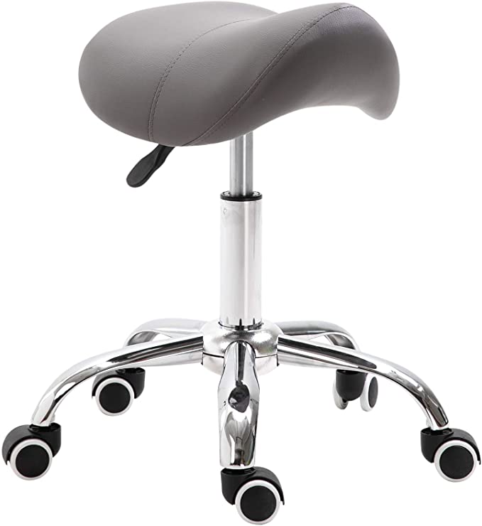 HOMCOM Cosmetic Stool 360° Rotate Height Adjustable Salon Massage Spa Chair Hydraulic Rolling Faux Leather Saddle Stool Mobility - Grey