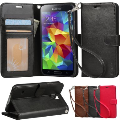 Galaxy S5 Case Arae Samsung Galaxy S5 Wrist Strap Flip Folio Kickstand Feature PU leather wallet case with IDampCredit Card Pockets For Galaxy S5 i9600 Black