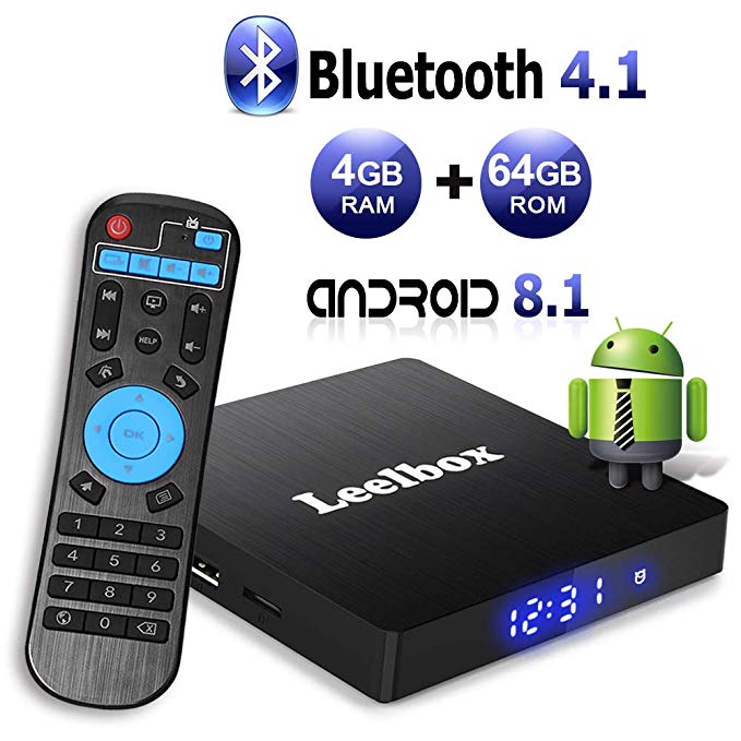 Android TV Box 8.1, Leelbox 2019 Newest Q4 MAX 4GB RAM 64GB ROM Smart TV Box RK3328 Quad-Core 64 Bits Support Bluetooth 4.1 2.4GHz Wifi 4K Full HD 3D H.265 with Wireless Remote Control