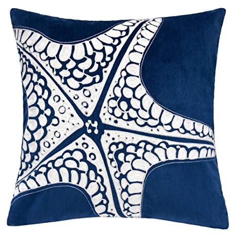 Homey Cozy Embroidery Navy Velvet Starfish Throw Pillow Cover,Ocean Blue Series Nautical Decorative Pillow Case Coastal Beach Theme Home Decor 20x20,Cover Only