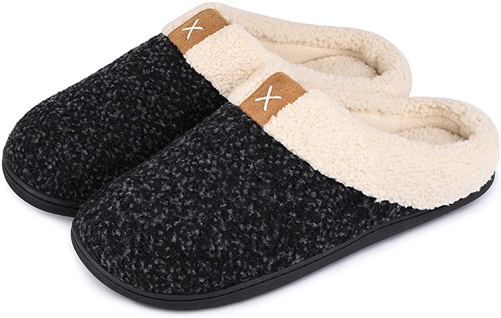 Men's Comfort Memory Foam Slippers Wool-Like Plush Fleece Lined House Shoes w/Indoor, Outdoor Anti-Skid Rubber Sole