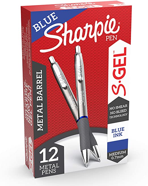 Sharpie S-Gel, Gel Pens, Sleek Metal Barrel, Gunmetal, Medium Point (0.7mm), Blue Ink, 12 Count