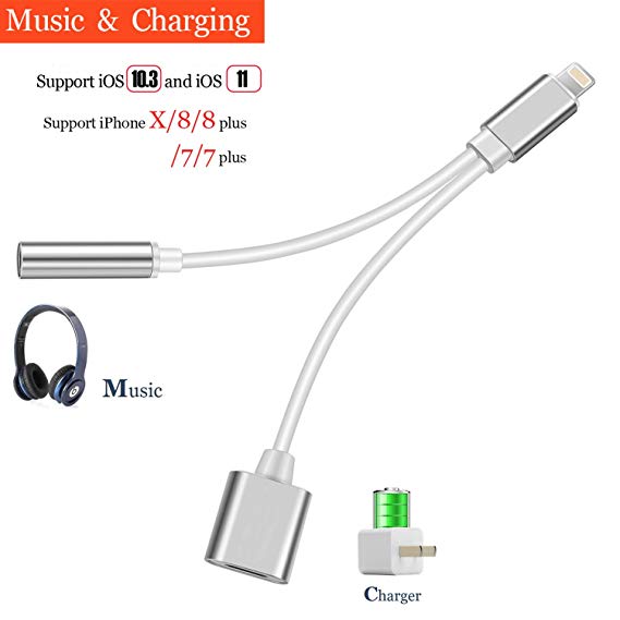 Headphone Adaptor for iPhone 3.5mm Audio Adapter Charger for iPhone 7/Plus 8/8Plus X/XS/XS MAX Adapter to 3.5mm Headset Headphone.2 in1 Earphone Adaptor Accessories Connector Cable Support iOS 12