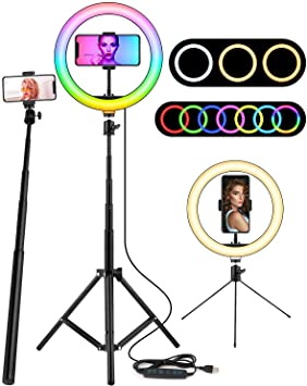 10" RGB Ring Light with Adjustable Tripod Stand, Desk Dimmable Selfie Ring Light with Remote for YouTube Video/Makeup/Live Stream/Photography (10" RGB)