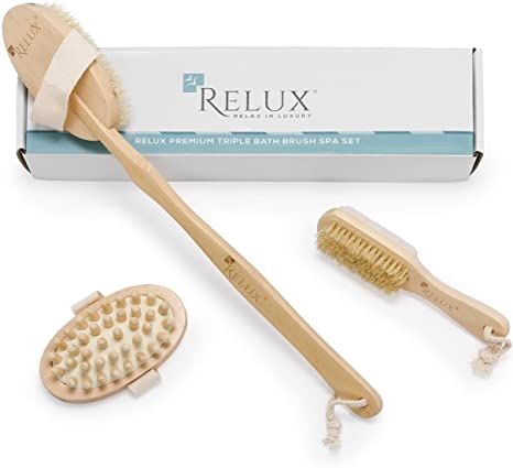 Relux Premium Triple Bath Brush Spa Set – Dry Skin Body Brush   Cellulite Reduction Massager Brush with Interchangeable Head and Long Wooden Handle   Dual-Sided Pumice Stone Foot Exfoliating Brush