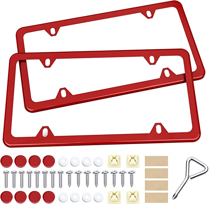 Ohuhu License Plate Frames, 4 Hole Matte Aluminum 2 PCS Slim License Plate Frame with Screws Caps (Red)