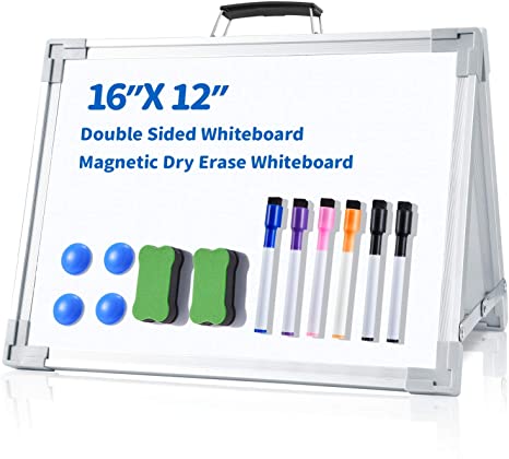 Small Dry Erase White Board, Ohuhu 12"X16" Magnetic Desktop Foldable Whiteboard Double-Sided Portable Mini Easel for Kids Drawing Teaching Memo Office With 6 Dry Erase Markers, 4 Magnets and 2 Erasers