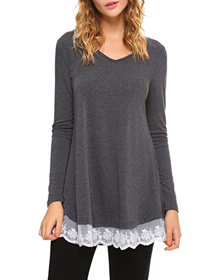 iClosam Women's V-Neck Lace Front Long Sleeve Tunic Top Blouse
