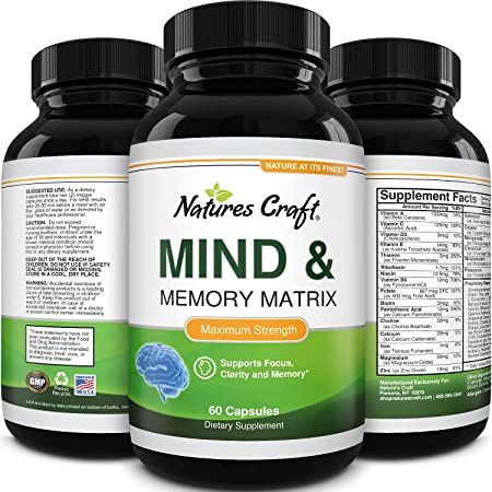 Natural Mind and Memory Supplement for Increased Mental Performance and Clarity Supports Brain Function Made with Pure Green Tea Extract DMAE Bitartrate and Vitamins 60 Capsules by Natures Craft