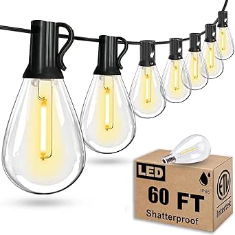 Tenmiro 60FT Outdoor String Lights, Waterproof 16 1 Edison Shatterproof Bulbs Led Outside Patio Lights for Porch Deck Garden Backyard Balcony Wedding Party Decor