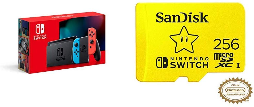 Nintendo Switch with Neon Blue and Neon Red Joy‑Con - HAC-001(-01)   SanDisk 256GB MicroSDXC UHS-I Card