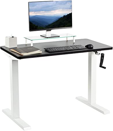 VIVO Manual 43” x 24” Stand Up Desk | Black Table Top, White Frame, Height Adjustable Standing Workstation with Foldable Handle (DESK-KIT-MW4B)