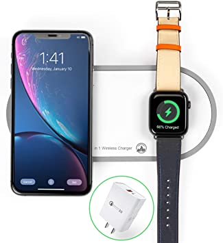 2020 Upgraded Wireless Charger 2 in 1 Dual Wireless Charging Pad Qi Fast Wireless Charge Station for Apple Watch Series 1 2 3 4 5 AirPods Pro 2 for iPhonePro 11 8 Plus X Xr Xs Max with QC 3.0 Adapter